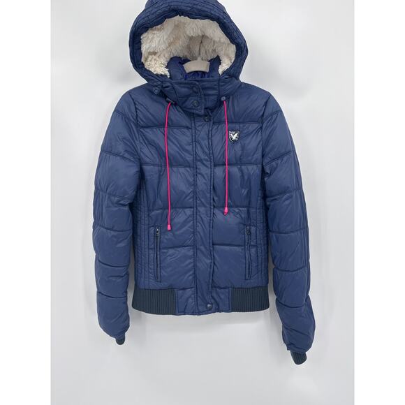 American Eagle Outfitters Jackets & Blazers - American Eagle Navy Puffer Full Zip Jacket Faux Fur Lines Sherpa Hood Size Small